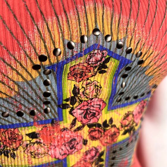 Y2K long ribbed tank top Mexican folk art Cross anthropology large VTG Skater - Picture 4 of 7